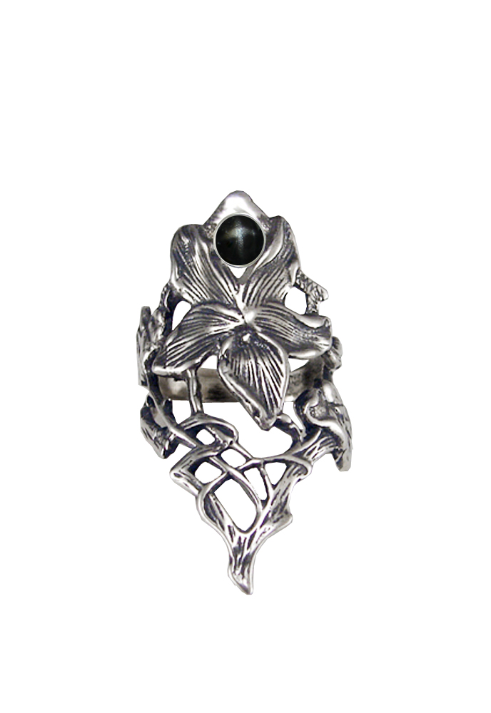 Sterling Silver Woman Maiden's Flower Ring With Black Star Size 10